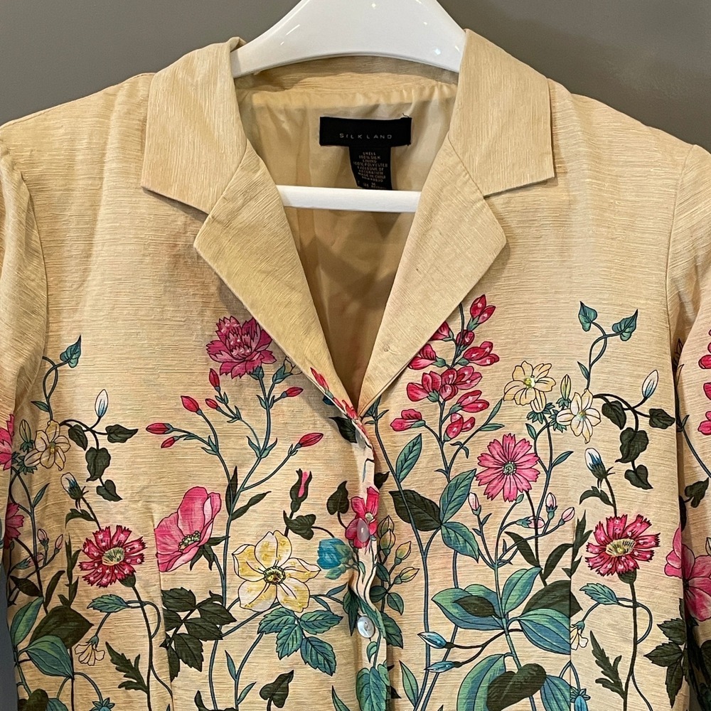 Silk Land Floral Silk Blazer Beige Pink Garden Print 3/4 Sleeve Jacket Size M